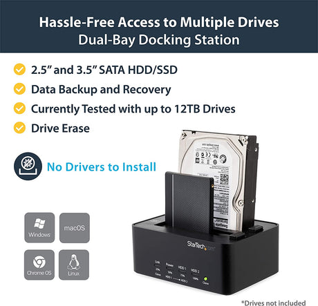 StarTech.com Dual Bay Hard Drive Duplicator And Eraser, Standalone SATA HDD/SSD Cloner/Copier, USB 3.0 To SATA Docking Station, Hard Drive Duplicator And Sanitizer Dock (SATDOCK2REU3)