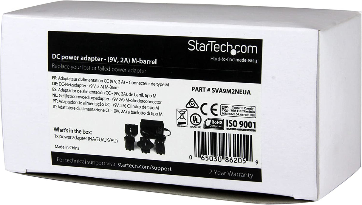 StarTech.com Universal Replacement Power Adapter - DC 9 Volts, 2 Amps Power Adapter (SVA9M2NEUA), Black 9V, 2A M-type Barrel Connector