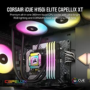 Corsair iCUE H150i Elite CAPELLIX XT Liquid CPU Cooler - Three AF120 RGB Elite Fans - 360mm Radiator - Intel® LGA 1700, 1200, 115X, 2066, AMD® AM5, AM4 - Included iCUE Commander CORE - Black