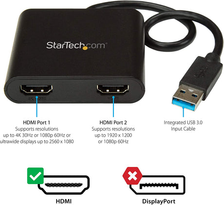 StarTech.com USB 3.0 to Dual HDMI Adapter - 1x 4K 30Hz &amp; 1x 1080p - External Video &amp; Graphics Card - USB Type-A to HDMI Dual Monitor Display Adapter - Supports Windows Only - Black (USB32HD2)