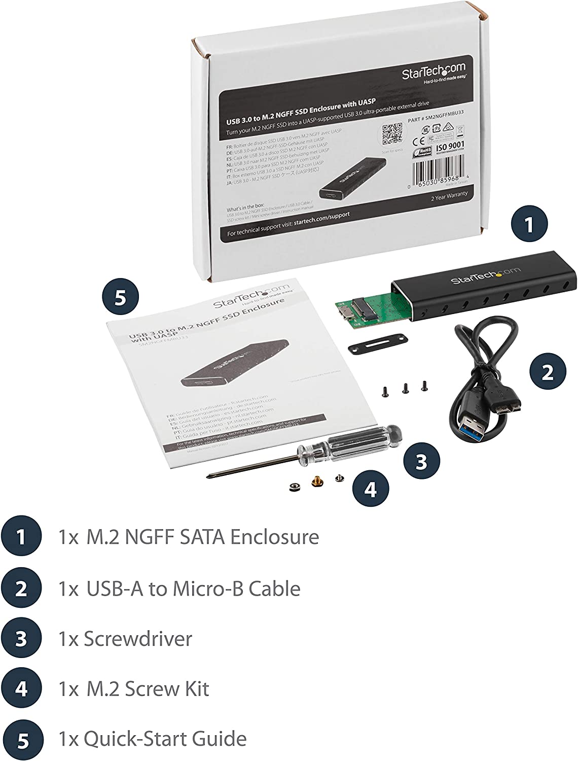 StarTech.com M.2 SSD Aluminum Enclosure to USB 3.0 (5Gbps) with UASP - M.2 NGFF SATA with B Key &amp; B+M Key - External M.2 Portable Enclosure (SM2NGFFMBU33), Black USB-A M.2 SATA