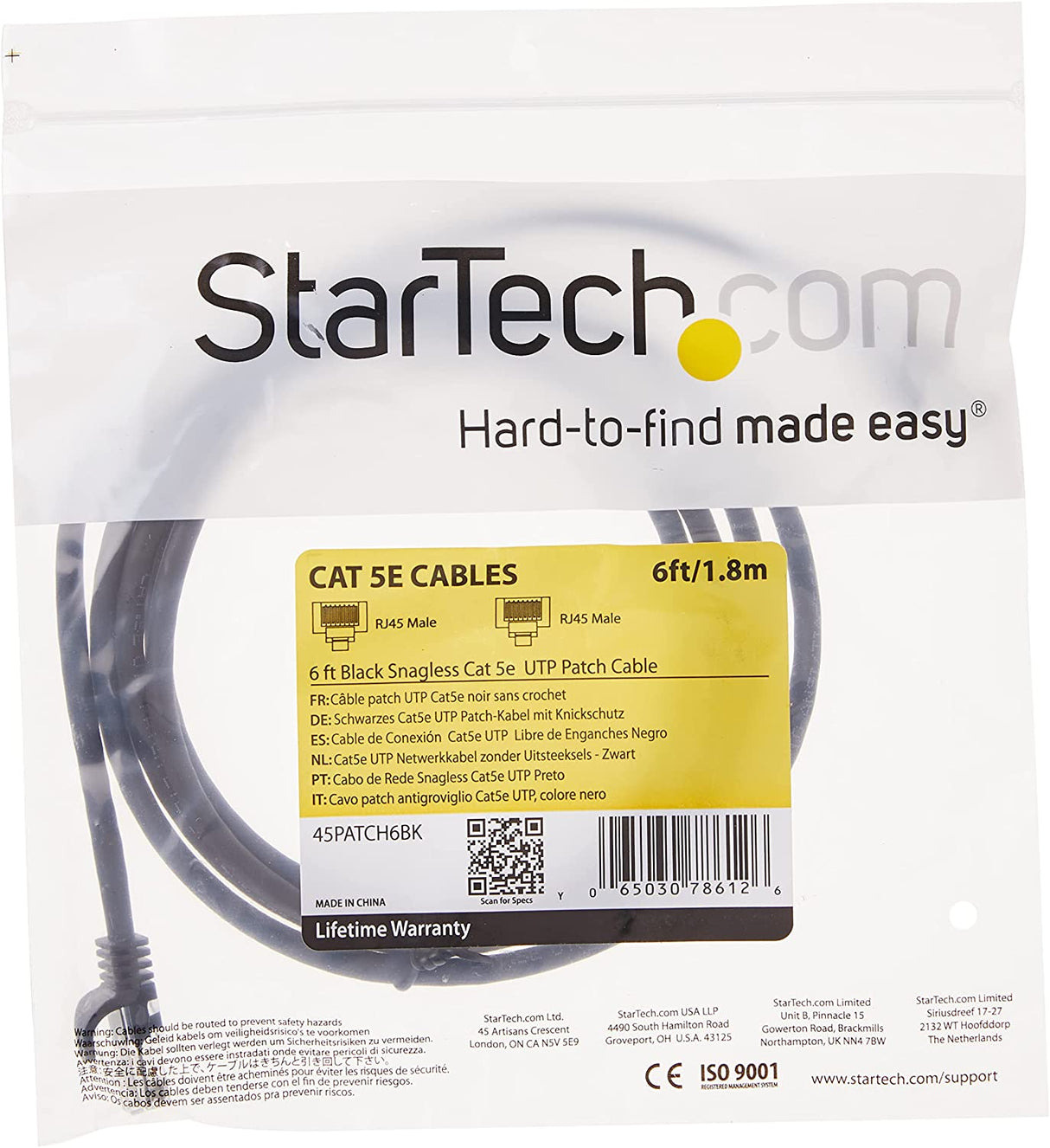 StarTech.com Cat5e Ethernet Cable - 6 ft - Black- Patch Cable - Snagless Cat5e Cable - Short Network Cable - Ethernet Cord - Cat 5e Cable - 6ft 6 ft / 2m Black