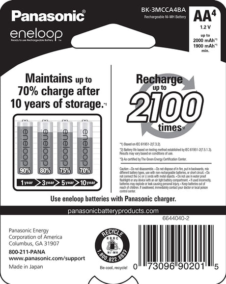 Panasonic BK-3MCCA4BA eneloop AA 2100 Cycle Ni-MH Pre-Charged Rechargeable Batteries, 4-Battery Pack AA 4 Count (Pack of 1) Batteries only