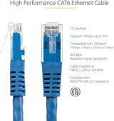 StarTech.com 100ft CAT6 Ethernet Cable - Blue CAT 6 Gigabit Ethernet Wire -650MHz 100W PoE++ RJ45 UTP Molded Category 6 Network/Patch Cord w/Strain Relief/Fluke Tested UL/TIA Certified (C6PATCH100BL) Blue 100 ft / 30 m 1 Pack