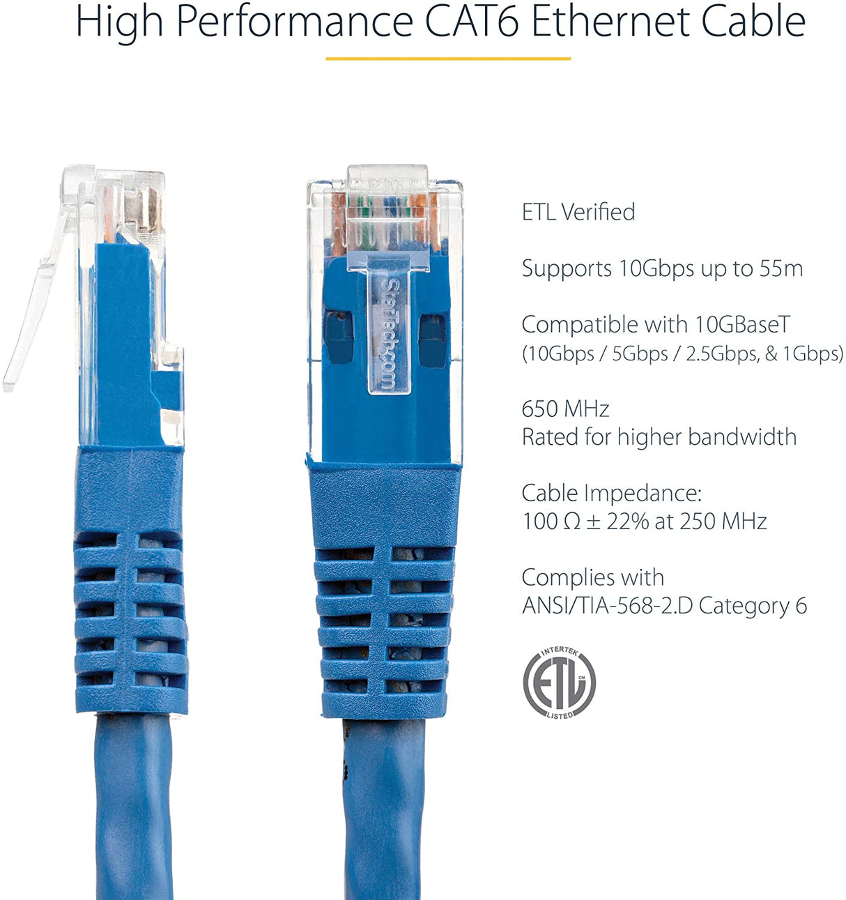 StarTech.com 5ft CAT6 Ethernet Cable - Blue CAT 6 Gigabit Ethernet Wire -650MHz 100W PoE++ RJ45 UTP Molded Category 6 Network/Patch Cord w/Strain Relief/Fluke Tested UL/TIA Certified (C6PATCH5BL) Blue 5 ft / 1.5 m 1 Pack