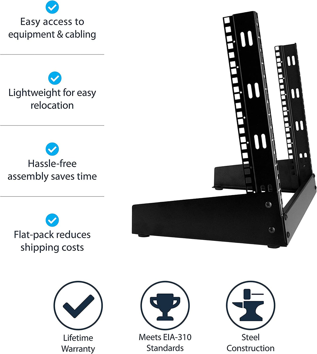 StarTech.com 8U Open Frame Network Rack - 19" 2 Post Free Standing Desktop Rack for Computer, AV, Media, IT, Data &amp; Server Room Equipment (RK8OD) 16.10"/408.94mmx19.80"/502.92mmx11.50"/292.10mm