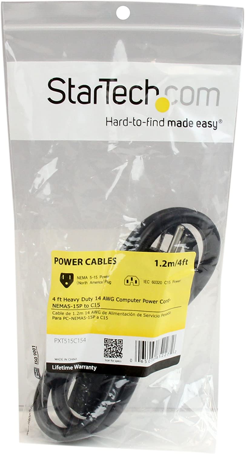 StarTech.com 4ft (1.2m) Heavy Duty Power Cord, NEMA 5-15P to C15 AC Power Cord, 15A 125V, 14AWG, Replacement Computer Power Cord, Monitor Power Cable, PC Power Supply Cable, UL Listed (PXT515C154) 4 ft / 1.3m 14 AWG