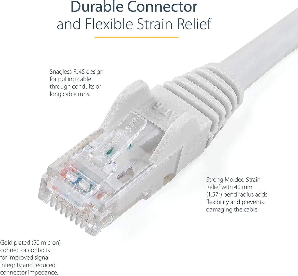 StarTech.com 3ft CAT6 Ethernet Cable - White CAT 6 Gigabit Ethernet Wire -650MHz 100W PoE RJ45 UTP Network/Patch Cord Snagless w/Strain Relief Fluke Tested/Wiring is UL Certified/TIA (N6PATCH3WH) White 3 ft / 0.9 m 1 Pack