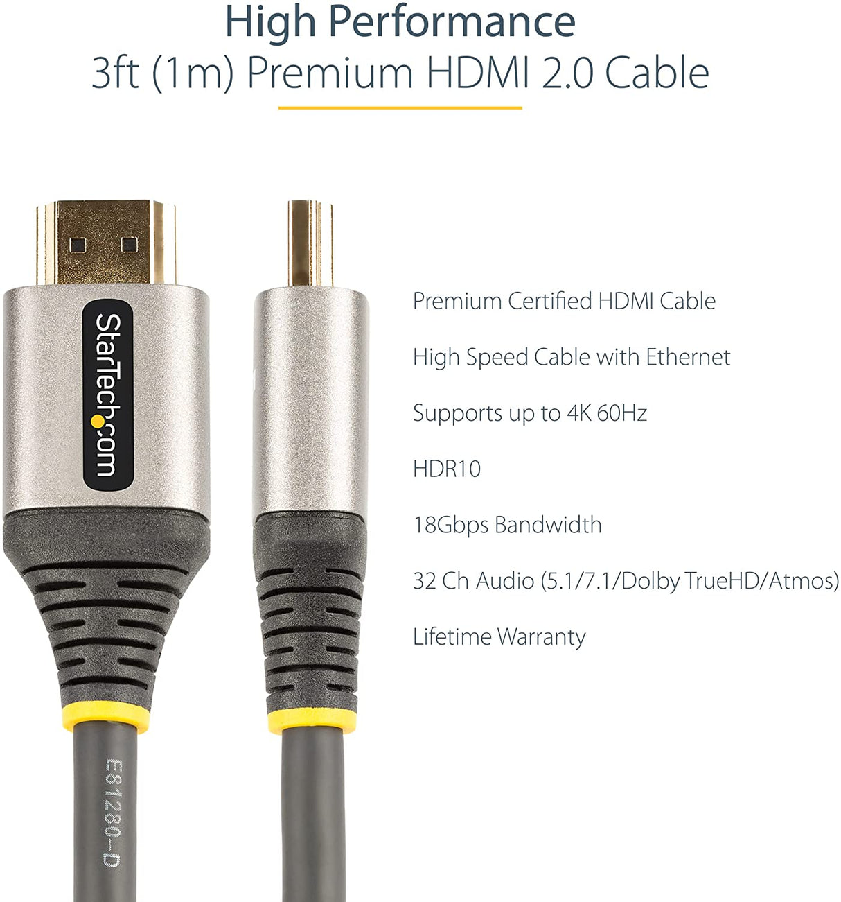 StarTech.com 3ft (1m) Premium Certified HDMI 2.0 Cable - High Speed Ultra HD 4K 60Hz HDMI Cable with Ethernet - HDR10, ARC - UHD HDMI Video Cord - for UHD Monitors, TVs, Displays - M/M (HDMMV1M) 3.3 ft / 1 m