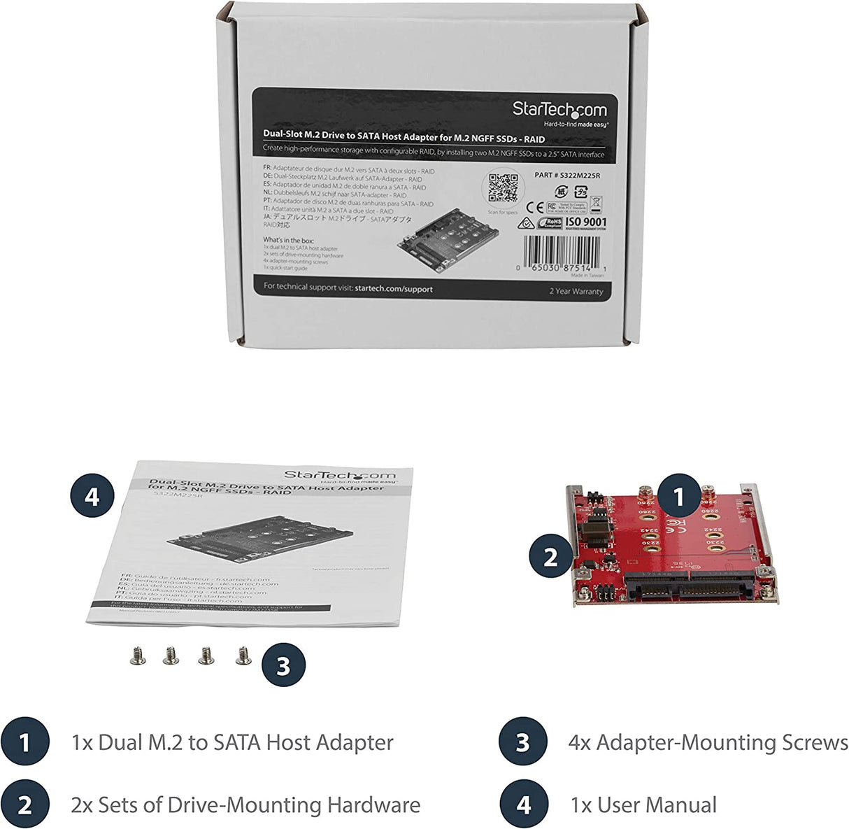 StarTech.com M.2 to SATA Adapter - Dual Slot - for 2.5in Drive Bay - RAID - M.2 SSD - M.2 Adapter - M.2 SSD Adapter (S322M225R) 2.5in SATA Dual M.2 (SATA) Drive