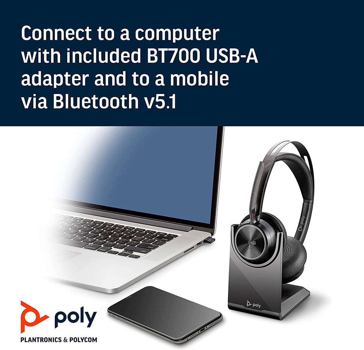 Poly - Voyager Focus 2 UC USB-A Headset with Stand (Plantronics) - Bluetooth Stereo Headset with Boom Mic - USB-A PC/Mac Compatible - Active Noise Canceling - Works with Teams (Certified), Zoom &amp; more Headset + Charge Stand, Teams Version