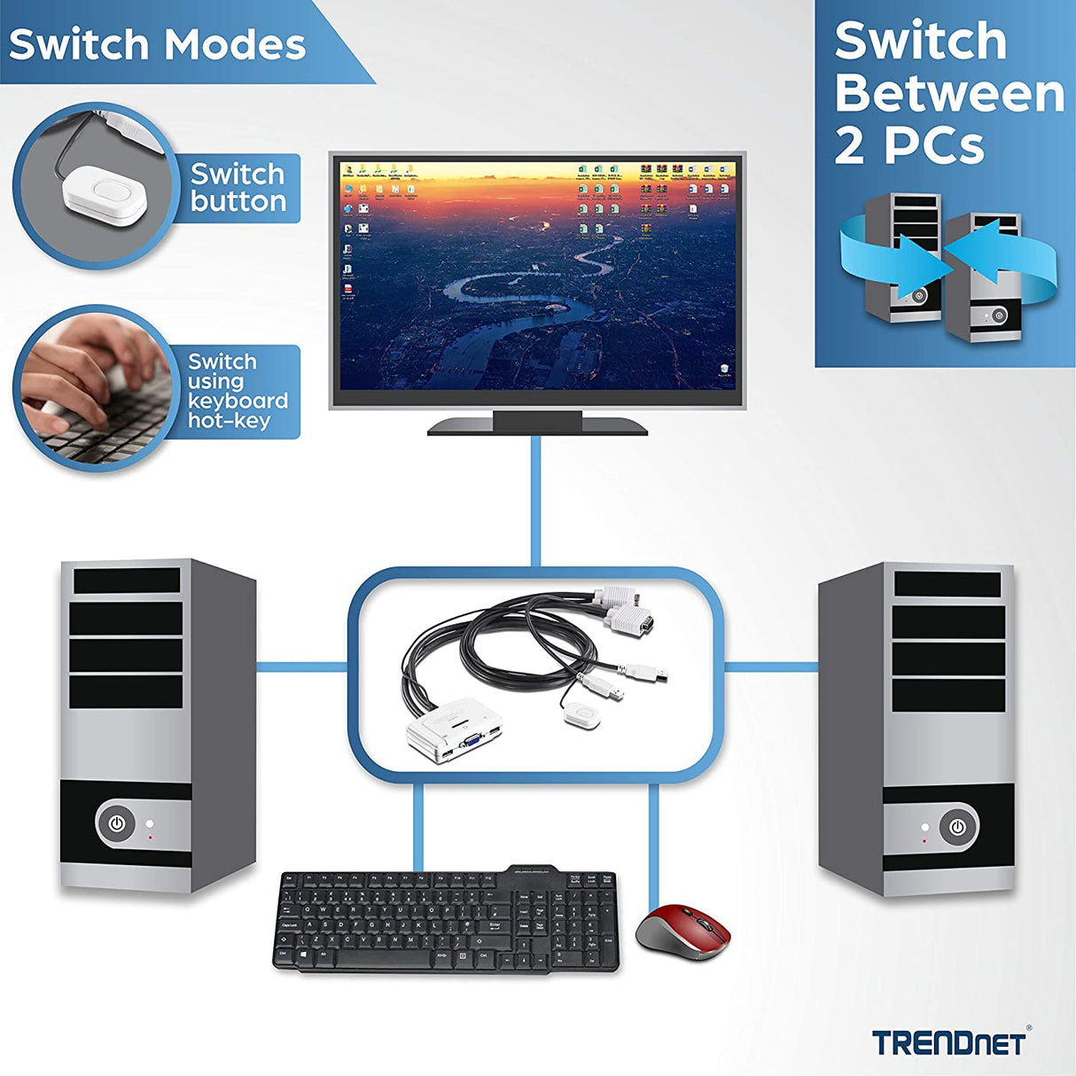 TRENDnet 2-Port USB KVM Switch and Cable Kit, Manage Two PC's, USB 2.0, Auto-Scan, Hot-Keys, Windows/Linux/Mac 10.4 or Higher, TK-217i