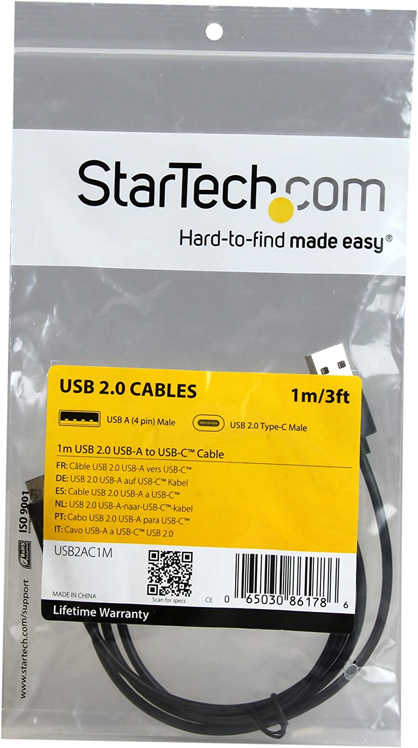 StarTech.com USB C to USB Cable - 3 ft / 1m - USB A to C - USB 2.0 Cable - USB Adapter Cable - USB Type C - USB-C Cable (USB2AC1M),Black 1m 1 Pack