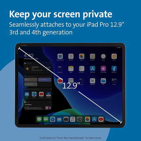 Kensington SA129 Screen Protector Designed for iPad Pro 12.9-Inch 2021/2020/2018 Model Edge to Edge Liquid Retina Display, Anti-Glare, Easy Installation with a Washable &amp; Reusable Adhesive (K50721WW), black iPad Pro 12.9-inch (2021/2020/2018)