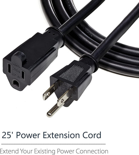 StarTech.com 25ft (7.6m) Power Extension Cord, NEMA 5-15R to NEMA 5-15P Black Extension Cord, 13A 125V, 16AWG, Outlet Extension Power Cable, NEMA 5-15R to NEMA 5-15P AC Power Cord-UL Listed (PAC10125) 25 ft/7.5 m