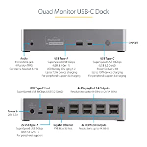 StarTech.com USB C Dock - 4K 60Hz Quad Monitor DisplayPort &amp; HDMI - Universal USB-C Docking Station with 100W Power Delivery - USB Hub with 1x USB Type-C &amp; 3X USB-A, Ethernet, Audio (DK31C4DPPD)