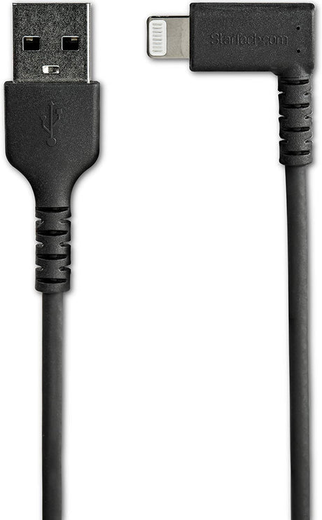 StarTech.com 3ft (1m) Durable USB A to Lightning Cable - Black 90° Right Angled Heavy Duty Rugged Aramid Fiber USB Type A to Lightning Charging/Sync Cord - Apple MFi Certified - iPhone (RUSBLTMM1MBR) Black 1m