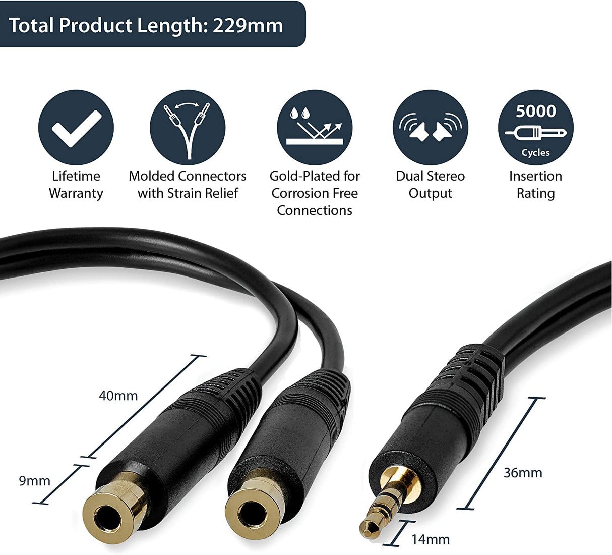 StarTech.com 6 in. 3.5mm Audio Splitter Cable - Stereo Splitter Cable - Gold Terminals - 3.5mm Male to 2x 3.5mm Female - Headphone Splitter (MUY1MFF),Black Standard Cable Black
