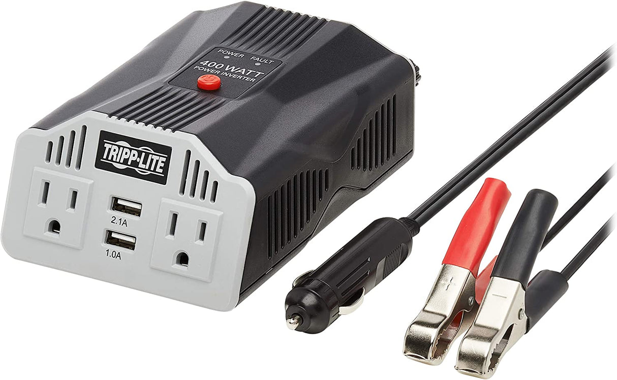 Tripp Lite 400W Car Power Inverter with 2 Outlets &amp; 2 USB Charging Ports, Auto Inverter, Ultra Compact (PV400USB),Gray