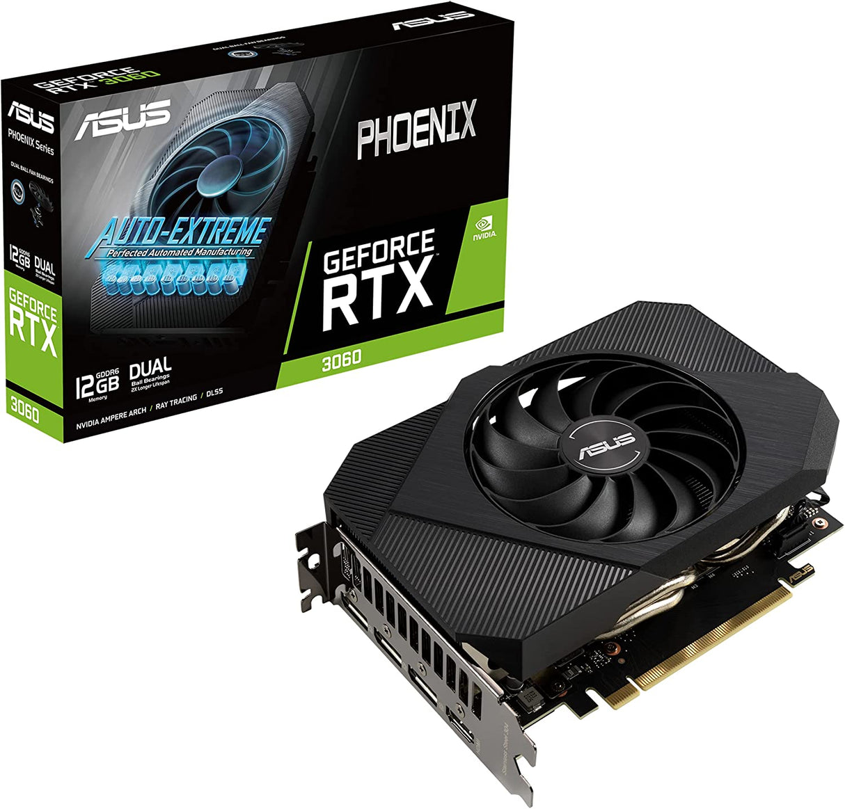 ASUS Phoenix NVIDIA GeForce RTX 3060 V2 Gaming Graphics Card- PCIe 4.0, 12GB GDDR6 memory, HDMI 2.1, DisplayPort 1.4a, Axial-tech Fan Design, Protective Backplate, Dual ball fan bearings, Auto-Extreme Graphic Card