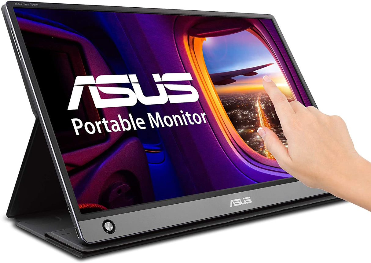 ASUS ZenScreen MB16AMT 15.6" Full HD Portable Monitor Touch Screen IPS Non-glare Built-in Battery and Speakers Eye Care USB Type-C Micro HDMI w/ Foldable Smart Case