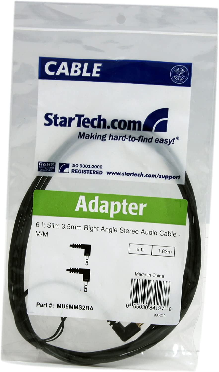 StarTech.com 6 ft. (1.8 m) Right Angle 3.5 mm Audio Cable - 3.5mm Slim Audio Cable - Right Angle - Male/Male - Aux Cable (MU6MMS2RA), Black 6 ft 2 Angled Connector Audio Cable