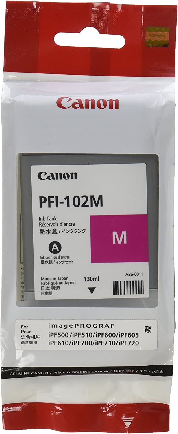 Canon PFI-102M 0897B001AA IPF500 IPF600 IPF700 Ink Tank (Magenta) in Retail Packaging