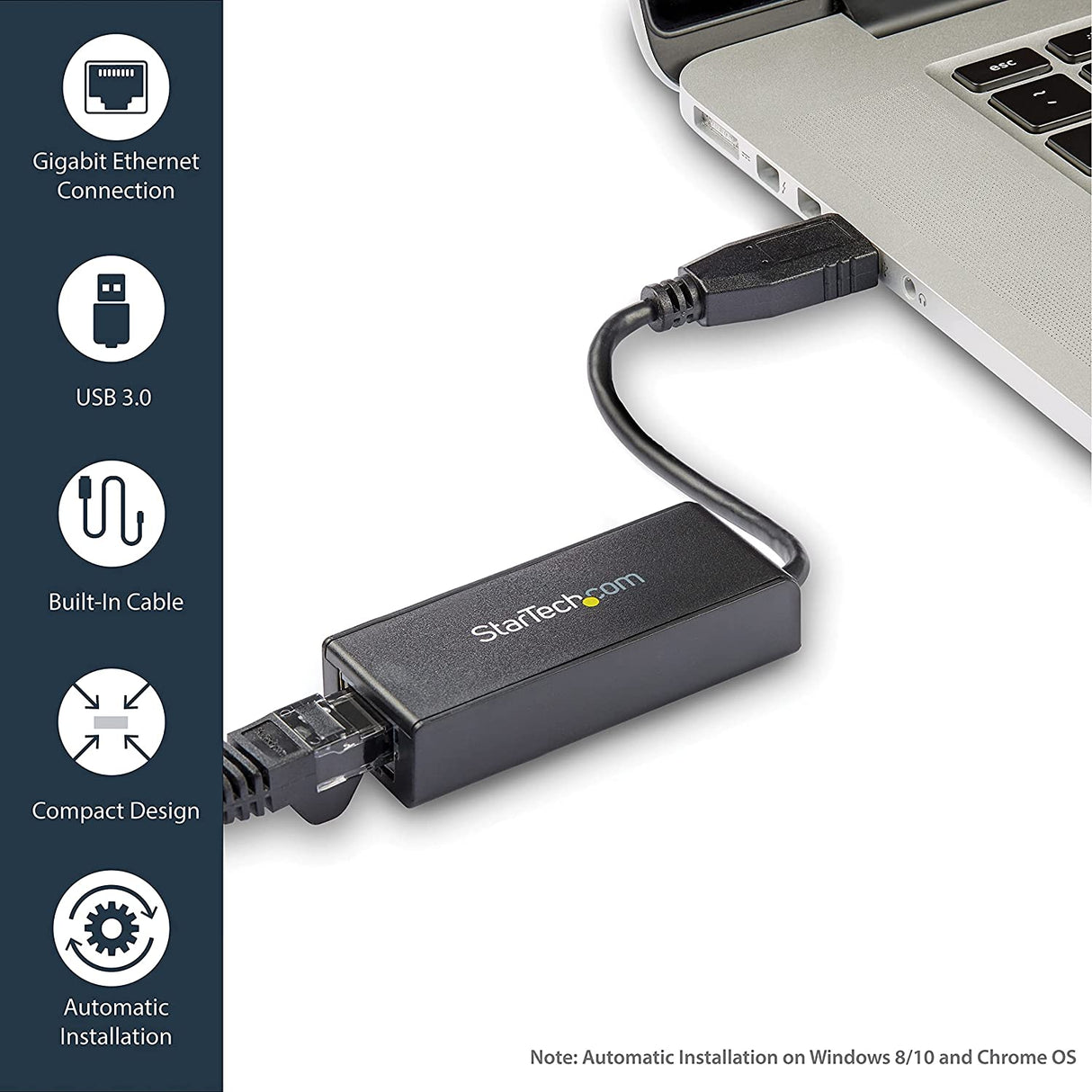 StarTech.com USB 3.0 to Gigabit Ethernet Adapter - 10/100/1000 NIC Network Adapter - USB 3.0 Laptop to RJ45 LAN (USB31000S) Black