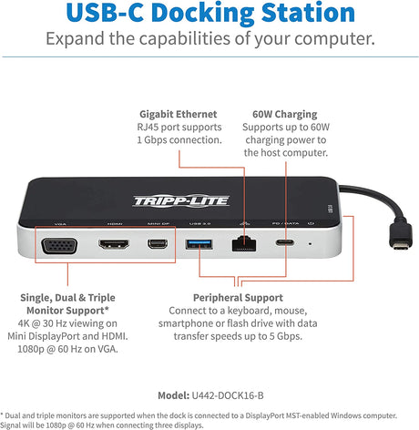 Tripp Lite USB-C Dock, 3 Monitor Display, USB Type C Hub Adds 4K HDMI, mDP, VGA, USB 3.2 Gen 1, USB-A, USB-C, GbE, 60W PD Charging, Black (U442-DOCK16-B)