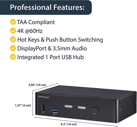 StarTech.com 2 Port DisplayPort KVM Switch - 4K 60Hz - Single Display - Dual Port UHD DP 1.2 USB KVM Switch with Integrated USB 3.0 Hub &amp; Audio - Dell HP Apple Lenovo - TAA Compliant (SV231DPU34K)