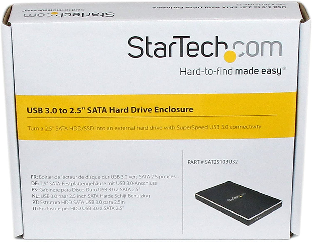 StarTech.com 2.5in USB 3.0 SSD SATA Hard Drive Enclosure - Storage enclosure with power indicator - 2.5" - SATA 3Gb/s - 3 Gbit/s - USB 3.0 - black (SAT2510BU32) 0.4" x 3" x 4.7"