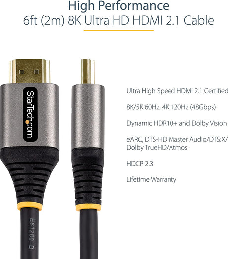 StarTech.com 6ft (2m) HDMI 2.1 Cable 8K - Certified Ultra High Speed HDMI Cable 48Gbps - 8K 60Hz/4K 120Hz HDR10+ eARC - Ultra HD 8K HDMI Cable - Monitor/TV/Display - Flexible TPE Jacket (HDMM21V2M) 6.6 ft / 2 m