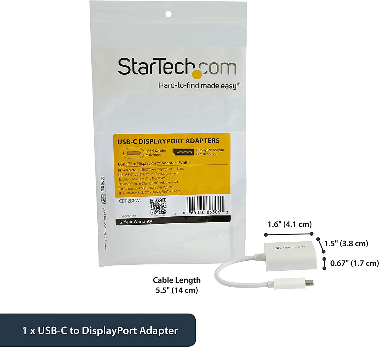 StarTech.com USB C to DisplayPort Adapter - 4K 60Hz/8K 30Hz - USB Type-C to DP 1.4 HBR2 Adapter Dongle - Compact USB-C (DP Alt Mode)Monitor Video Converter - Thunderbolt 3 Compatible - White(CDP2DPW) White 8K 30Hz DP 1.4 HBR2 Adapter