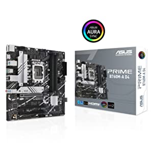 ASUS Prime B760M-A D4 Intel® B760 (LGA 1700)(13th and 12th Gen) mATX Motherboard, PCIe 4.0, 2xM.2 Slots,2.5Gb LAN, DisplayPort,Dual HDMI,Rear USB 3.2 Gen 2, Front USB 3.2 Gen 1 Type-C®, Aura Sync