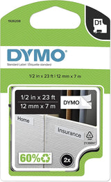 DYMO Standard D1 Self-Adhesive Polyester Tape for Label Makers, 1/2-inch, Black Print on White, 23-Foot Cartridge, 2-Pack (1926208) 2 Pack