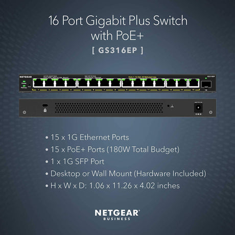 NETGEAR 16-Port PoE Gigabit Ethernet Plus Switch (GS316EP) - Managed, with 15 x PoE+ @ 180W, 1 x 1G SFP Port, Desktop or Wall Mount Plus 16 port | 15xPoE+ 180W