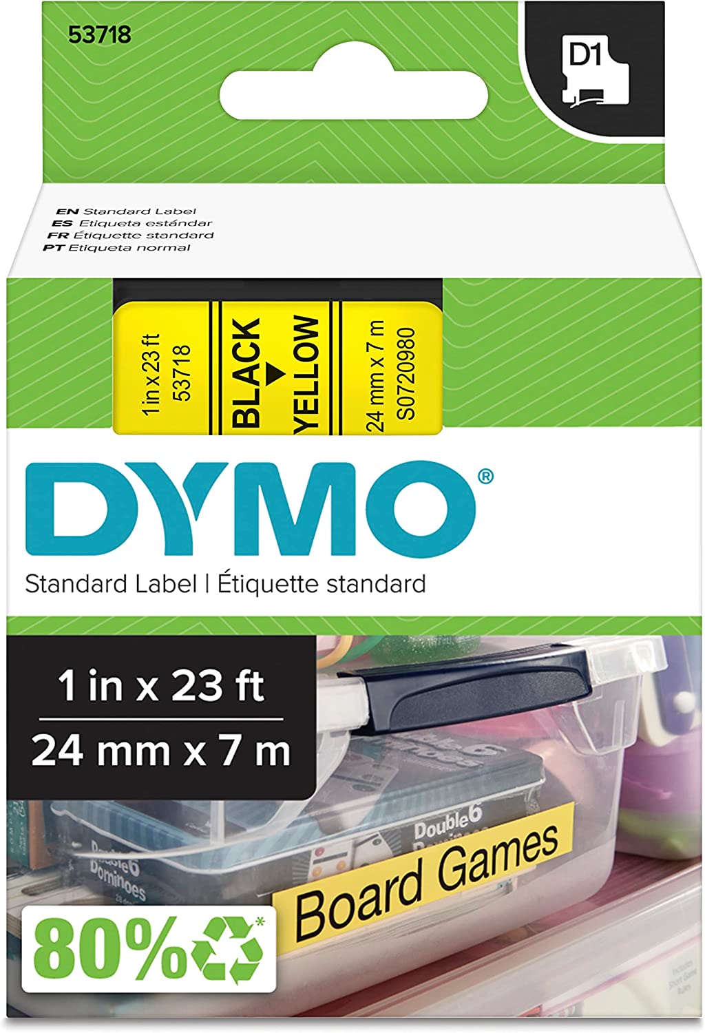 DYMO Standard D1 Labeling Tape for LabelManager Label Makers, Black print on Yellow tape, 1" W X 23' L, 1 cartridge (53718), DYMO Authentic 1" Black on Yellow
