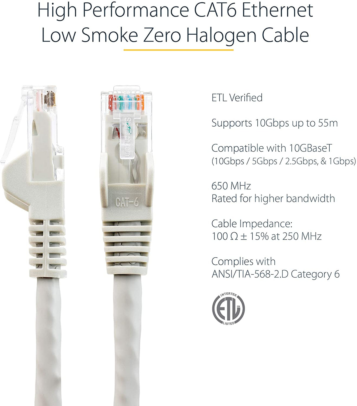 StarTech.com 20ft (6m) CAT6 Ethernet Cable - LSZH (Low Smoke Zero Halogen) - 10 Gigabit 650MHz 100W PoE RJ45 UTP Network Patch Cord Snagless w/Strain Relief - Gray CAT 6, ETL Verified (N6LPATCH20GR) 20 ft Gray