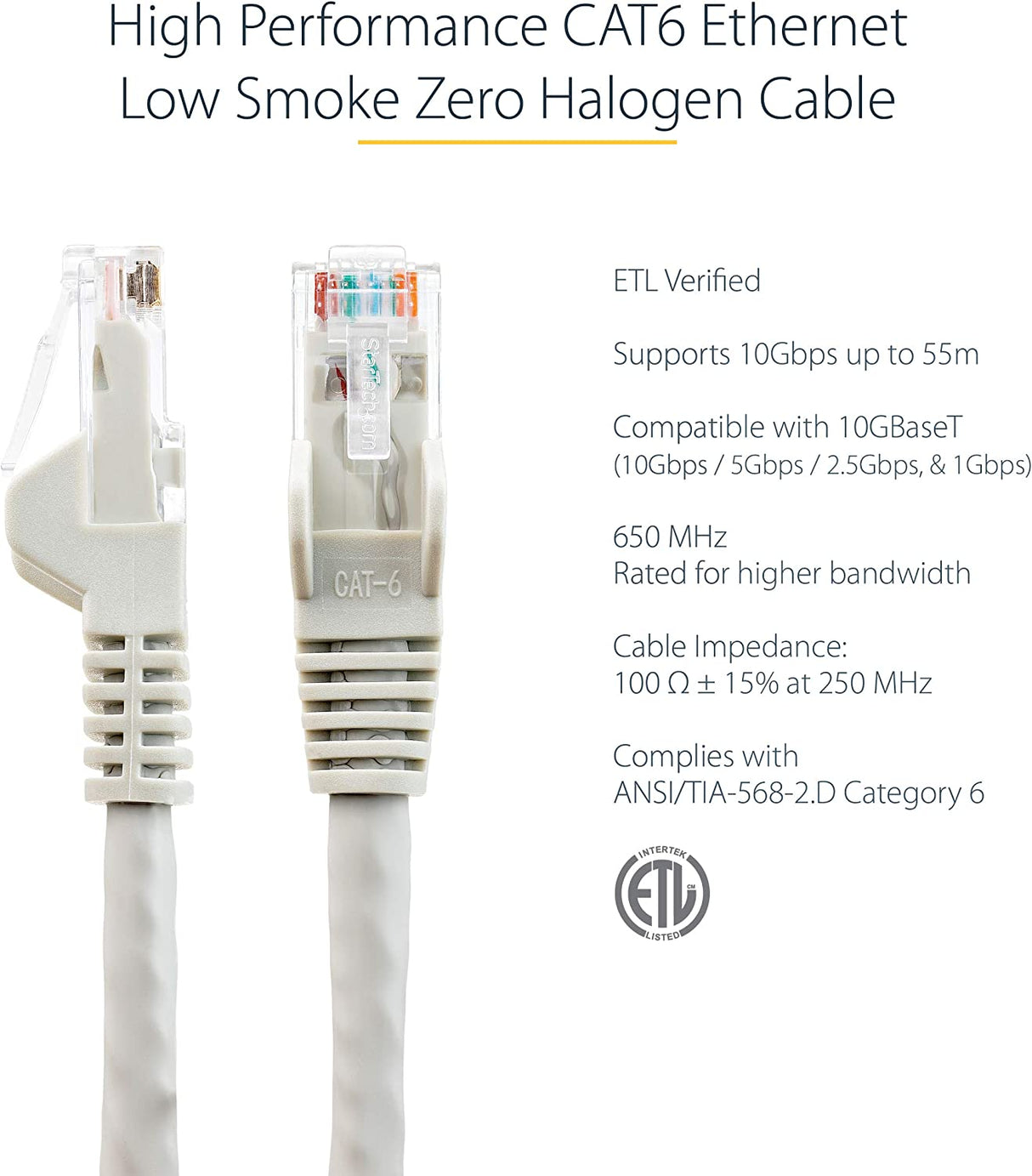 Startech 3ft (90cm) CAT6 Ethernet Cable - LSZH (Low Smoke Zero Halogen) - 10 Gigabit 650MHz 100W PoE RJ45 UTP Network Patch Cord Snagless w/Strain Relief - Gray CAT 6, ETL Verified (N6LPATCH3GR) 3 ft Gray
