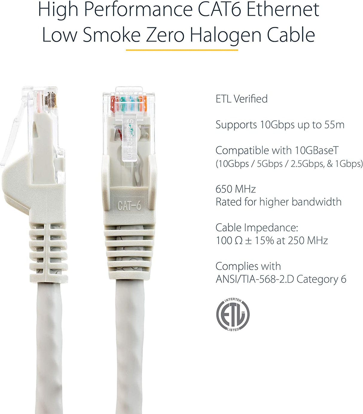 Startech 6in (15cm) CAT6 Ethernet Cable - LSZH (Low Smoke Zero Halogen) - 10 Gigabit 650MHz 100W PoE RJ45 UTP Network Patch Cord Snagless w/Strain Relief - Gray CAT 6, ETL Verified (N6LPATCH6INGR) 0.5 ft Gray