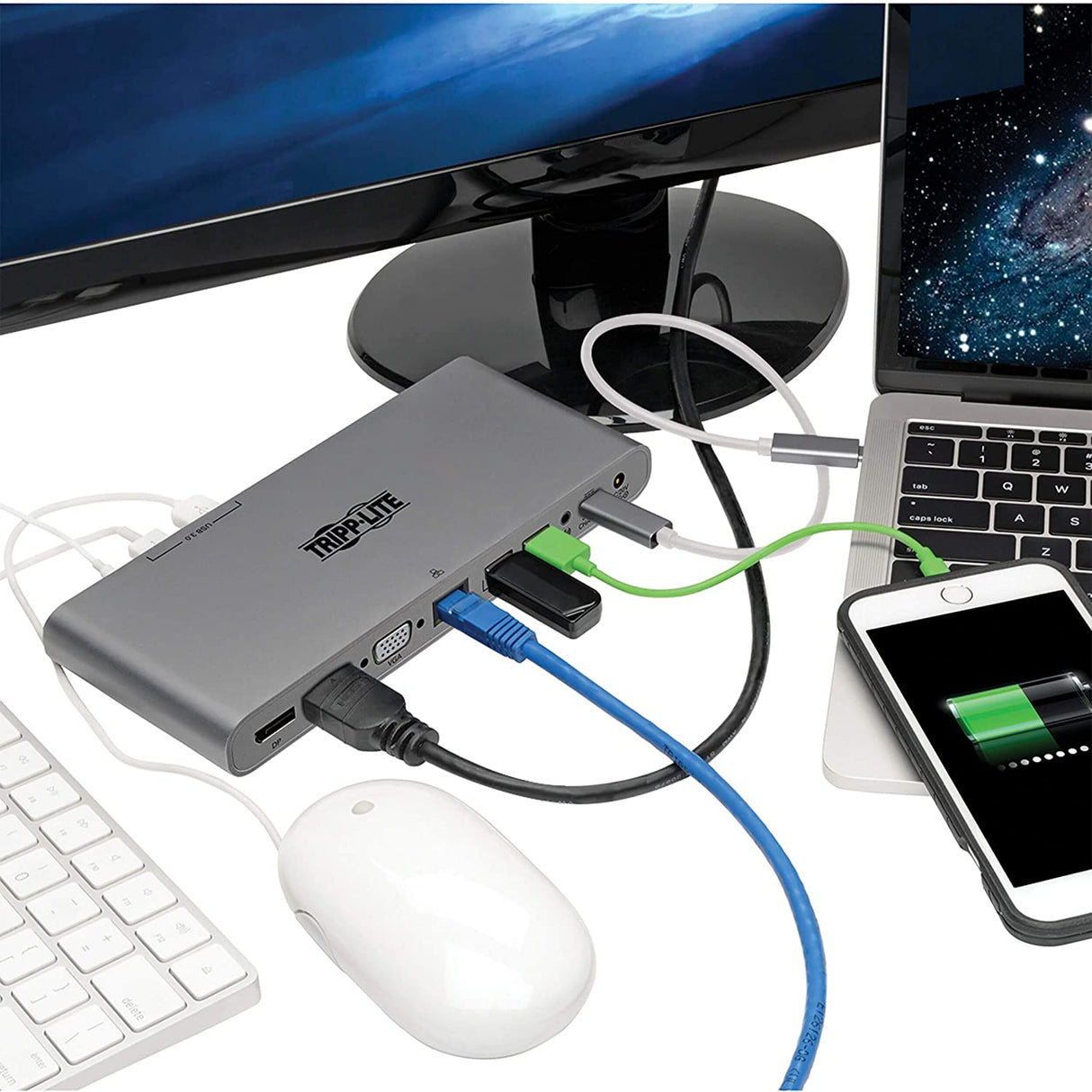 Tripp Lite USB C Docking Station w/ USB-A Hub, USB Type C, HDMI, VGA, DP, Gbe Gigabit Ethernet PD Charging 4K@ 30Hz, Portable, Thunderbolt 3 Silver (U442-DOCK4-S)