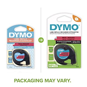 DYMO LetraTag Labeling Tape for LetraTag Label Makers, Black print on Red Plastic tape, 1/2'' W x 13' L, 1 roll (91333)