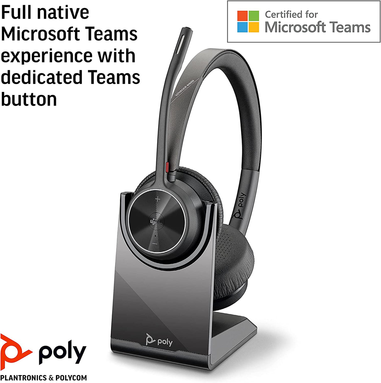 Poly (Plantronics + Polycom) - Voyager 4320 UC Wireless Headset + Charge Stand (Plantronics) - Headphones w/Mic - Connect to PC/Mac via USB-C Bluetooth Adapter, Black, 218479-02 Headset + Charge Stand (Teams Version) USB-C