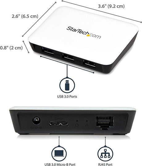 StarTech.com USB 3.0 to Gigabit Ethernet NIC Network Adapter with 3 Port Hub - White - USB 3 Ethernet Adapter - USB Charging Hub (ST3300U3S) White w/ 3 USB Ports