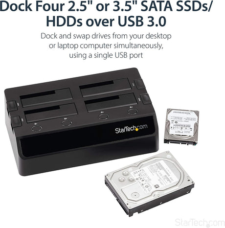 StarTech.com 4-Bay USB 3.0 To SATA Hard Drive Docking Station, USB Hard Drive Dock, External 2.5/3.5" SATA III SSD/HDD Docking Station, Hot-Swap Hard Drive Bay, Top-Loading (SDOCK4U33) USB 3.0 3.3" x 6.7" x 11.2"