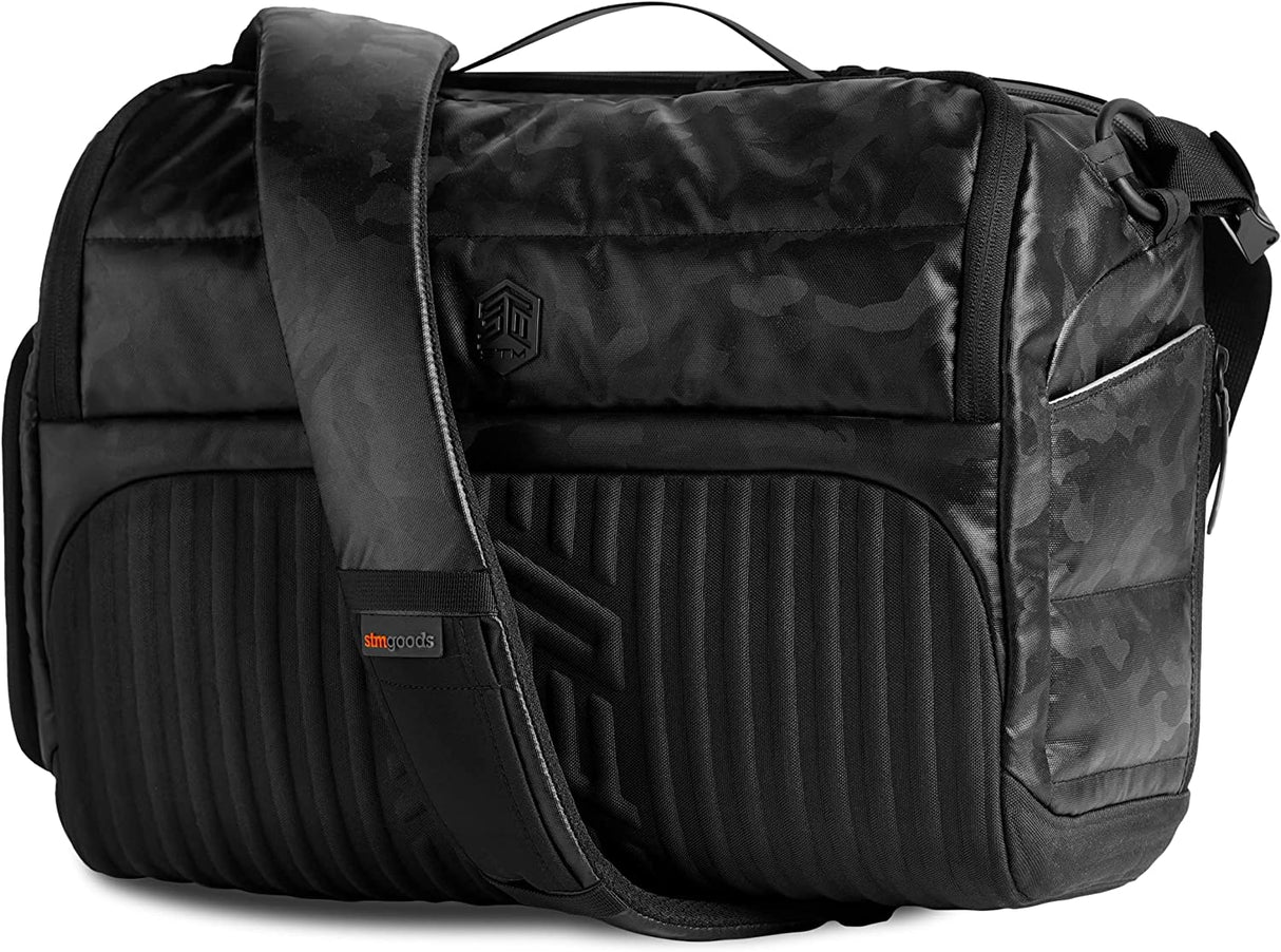 STM Dux 16L Premium Tech Messenger Bag - Carry On Travel Laptop Bag (Fits 15" Laptops) - Dual Format, Water Resistant &amp; Luggage Passthrough - Black Camo (stm-112-377P-04)