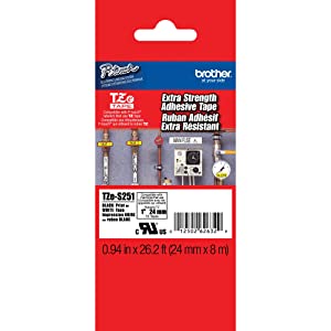 Brother Genuine P-touch TZE-S251 Tape, 1" (0.94") Wide Extra-Strength Adhesive Laminated Tape, Black on White, Laminated for Indoor or Outdoor Use, Water-Resistant, 0.94" x 26.2' (24mm x 8M), TZES251 Black on White 0.94 x 26.2 Inches Tape Cassette