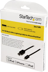 StarTech.com 3m (10ft) Long Black Apple® 8-pin Lightning Connector to USB Cable for iPhone / iPod / iPad - Charge and Sync Cable (USBLT3MB) 10ft Black