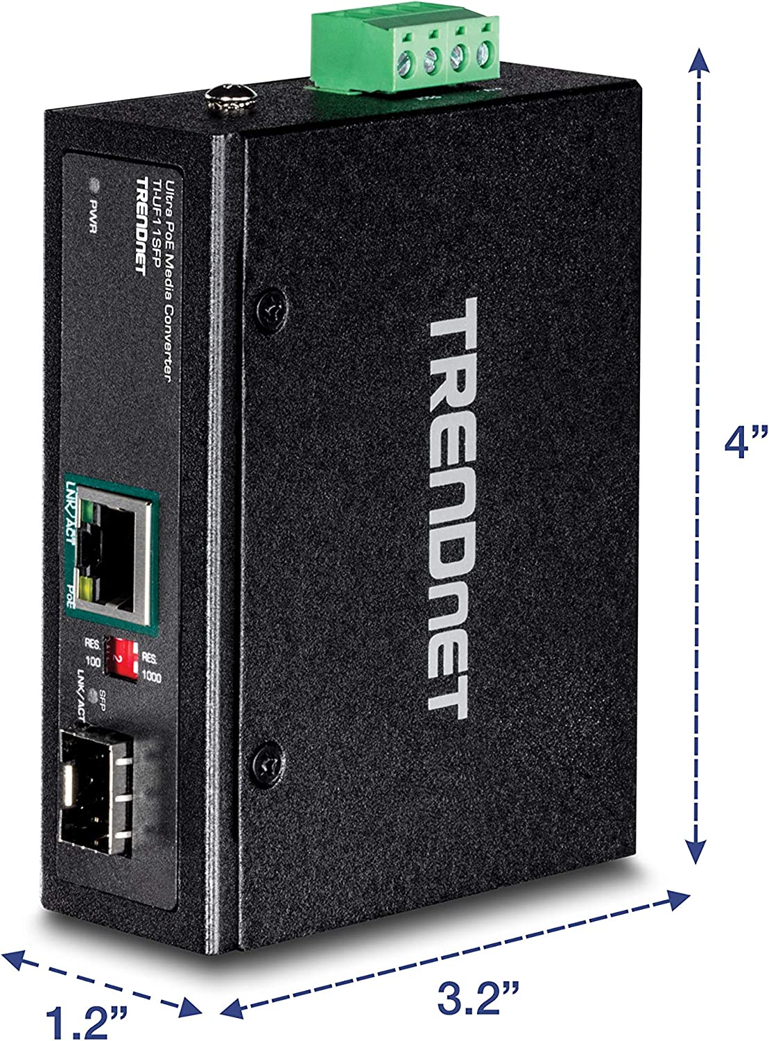 TRENDnet Hardened Industrial SFP to Gigabit UPoE Media Converter, IP30 Rated Housing, Includes DIN-Rail &amp; Wall Mounts, Operating Temp. -40 to 75 °C (-40 to 167 °F), TI-UF11SFP, Black