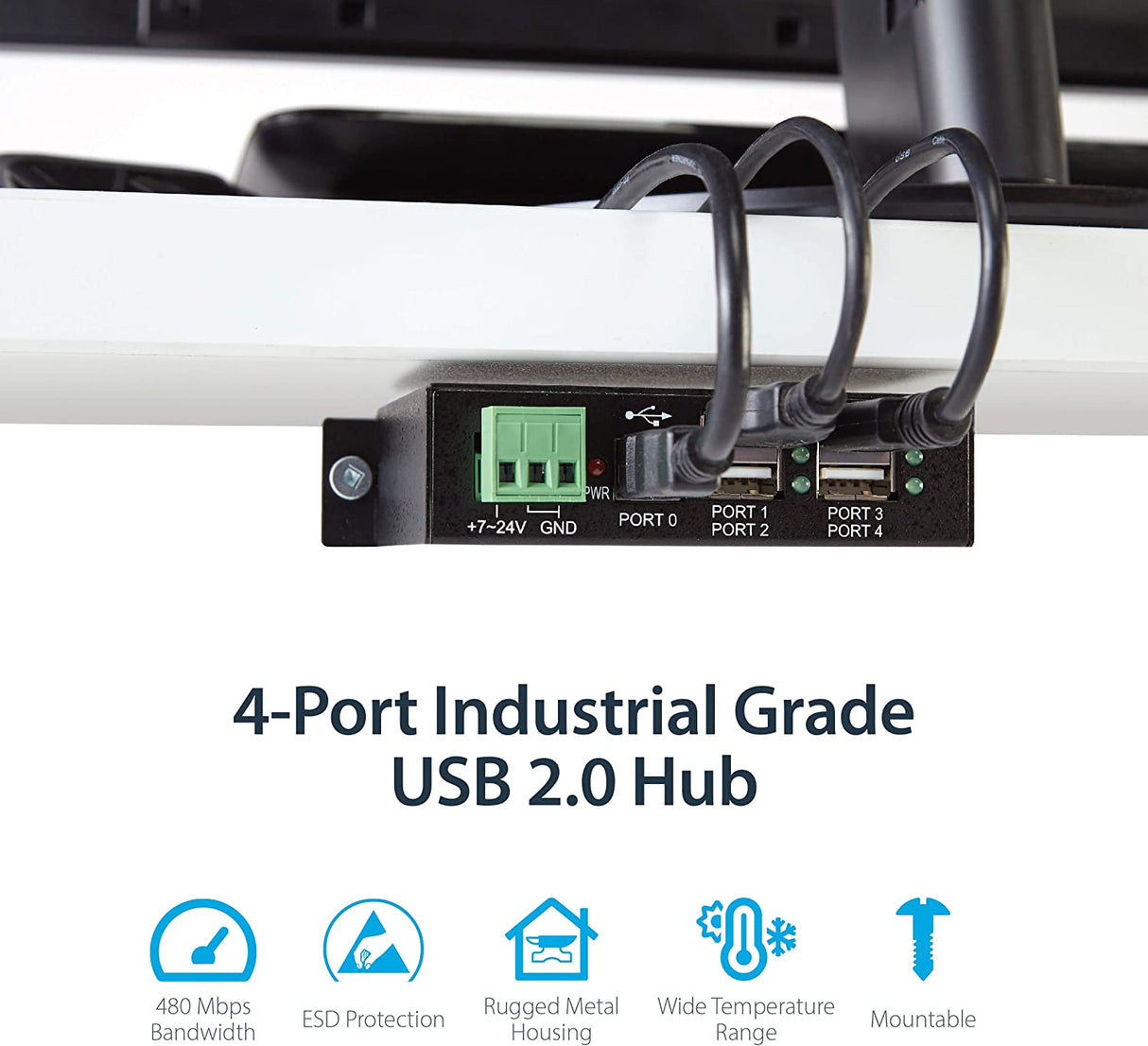 StarTech.com 4-Port USB 2.0 Hub - Metal Industrial USB-A Hub - Din Rail, Wall or Desk Mountable USB Data Hub - TAA Compliant USB Expander Hub (ST4200USBM)